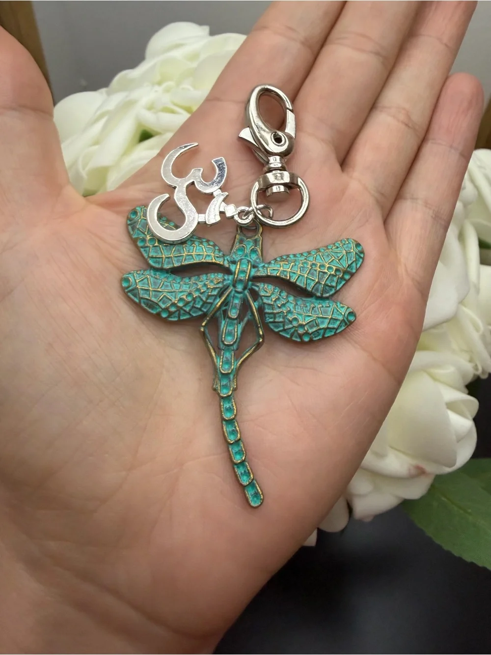 Turquoise Patina Dragonfly Keychain with Silver Charm
